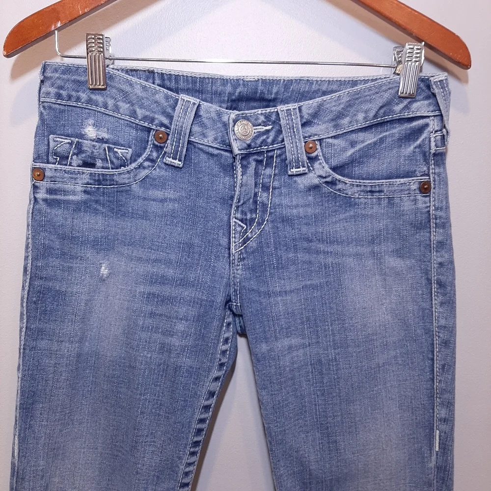 True Religion Johnny Slim Straight Jeans Distressed Mid Rise Blue Denim Size 29 - Picture 2 of 15